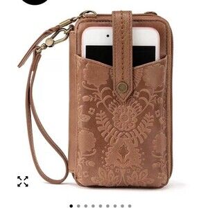 The Sak Silverlake Smartphone Crossbody Tan Leather Floral Embossed Wallet Bag